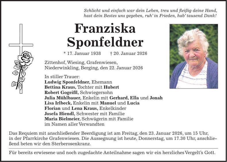 Traueranzeige Franziska Sponfeldner