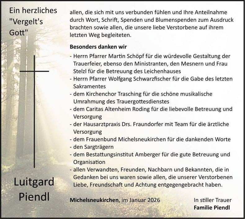 Traueranzeige Luitgard Piendl