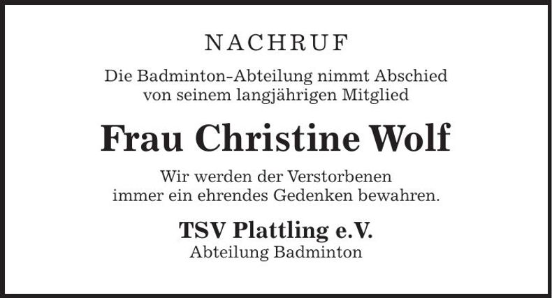 Traueranzeige Christine Wolf