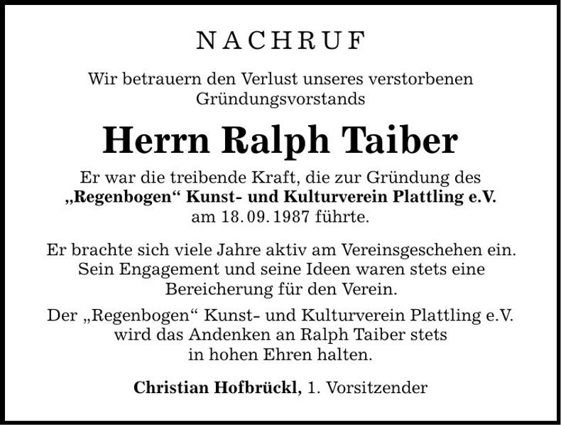 Traueranzeige Ralph Taiber