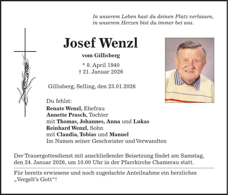 Traueranzeige Josef Wenzl