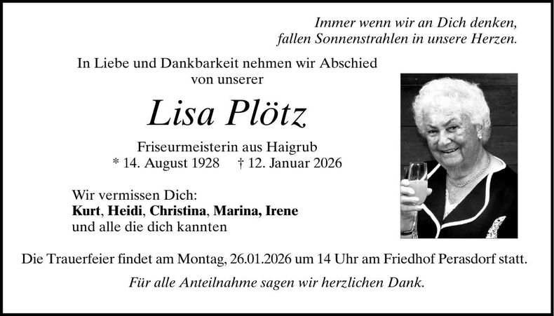 Traueranzeige Lisa Plötz