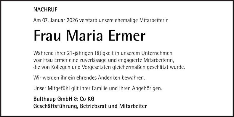 Traueranzeige Maria Ermer