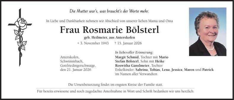 Traueranzeige Rosmarie Bölsterl