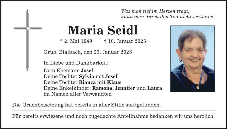 Traueranzeige Maria Seidl