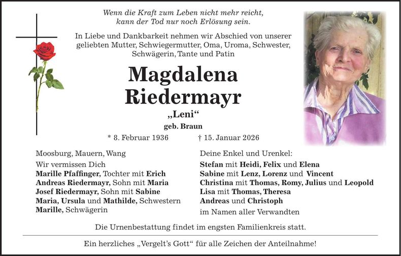 Traueranzeige Magdalena Riedermayr