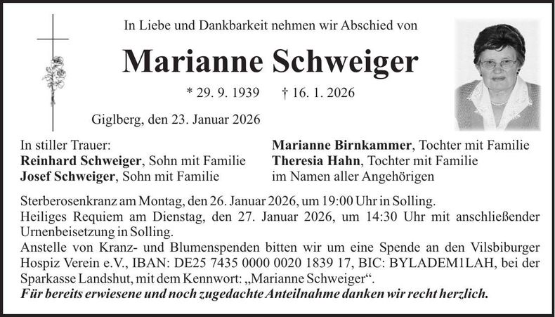 Traueranzeige Marianne Schweiger