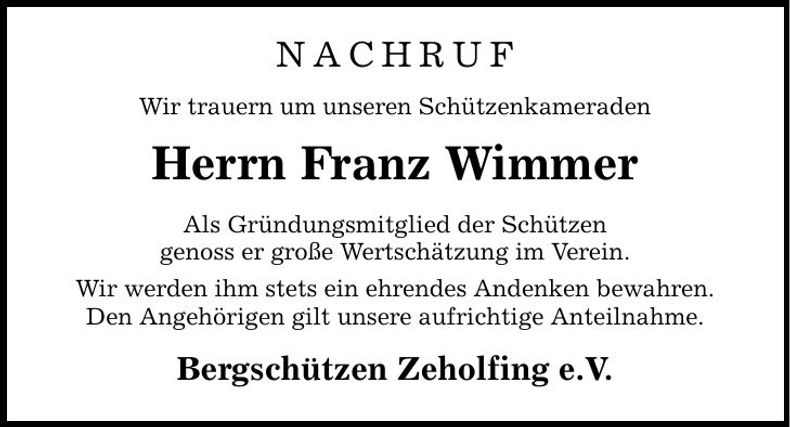 Traueranzeige Franz Wimmer