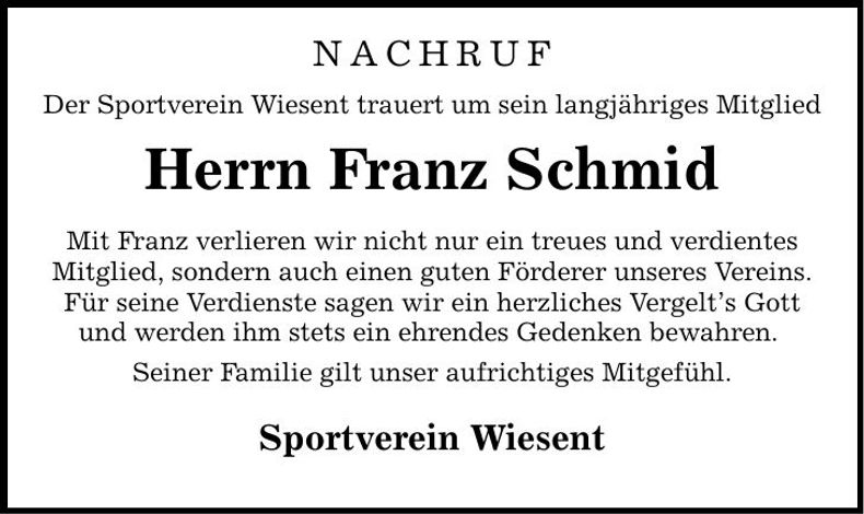 Traueranzeige Franz Schmid