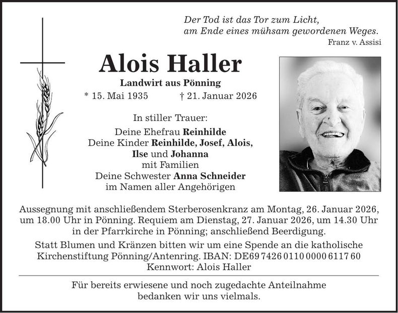 Traueranzeige Alois Haller