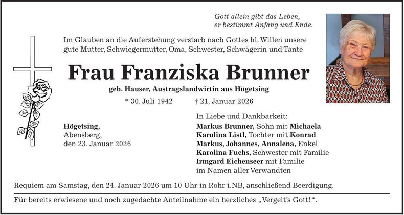 Traueranzeige Franziska Brunner