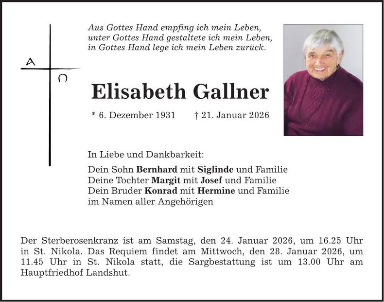 Traueranzeige Elisabeth Gallner