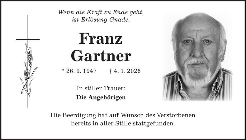 Traueranzeige Franz Gartner