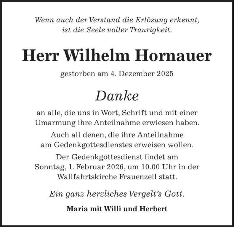 Traueranzeige Wilhelm Hornauer