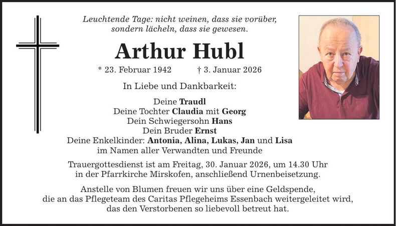 Traueranzeige Arthur Hubl