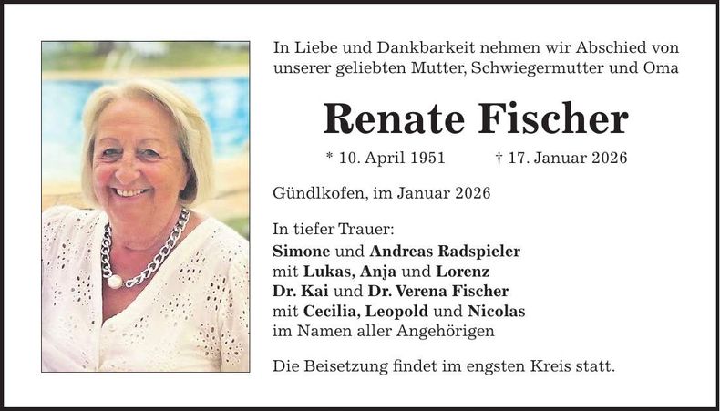 Traueranzeige Renate Fischer
