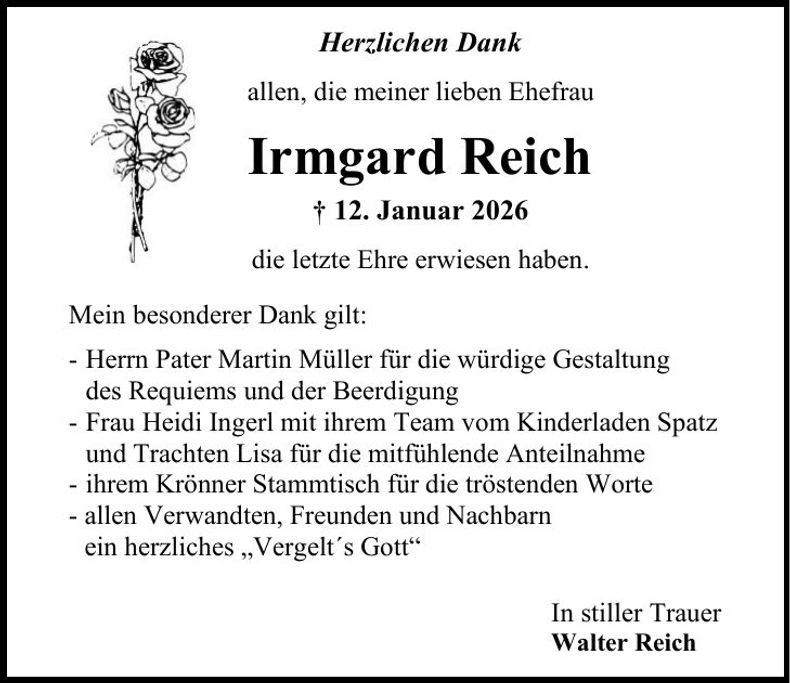 Traueranzeige Irmgard Reich