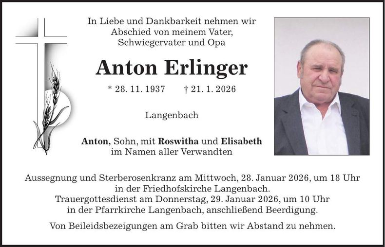 Traueranzeige Anton Erlinger