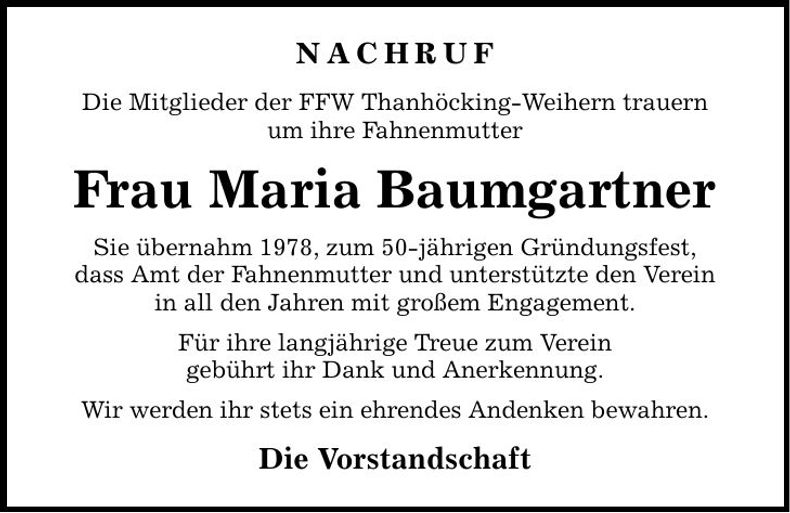 Traueranzeige Maria Baumgartner