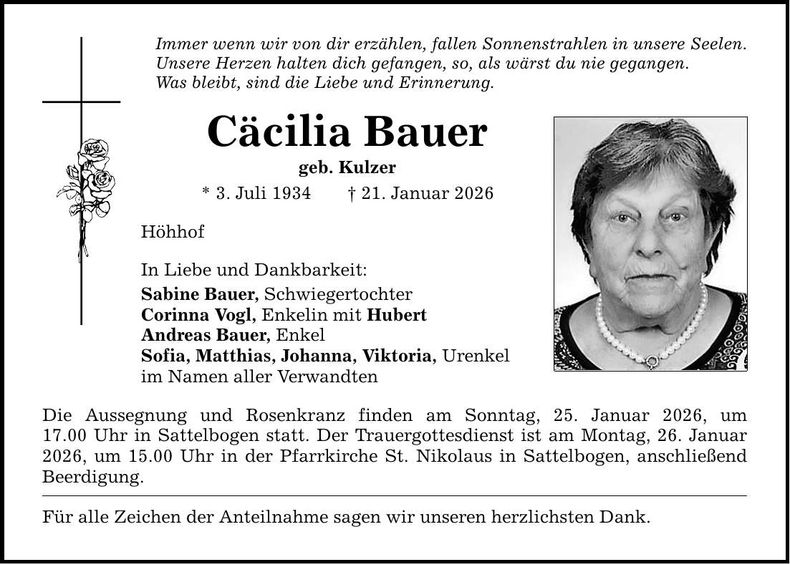Traueranzeige Cäcilia Bauer