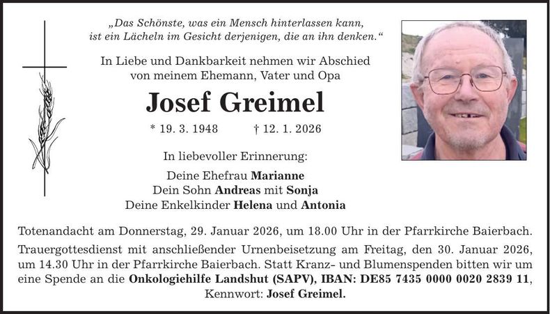 Traueranzeige Josef Greimel