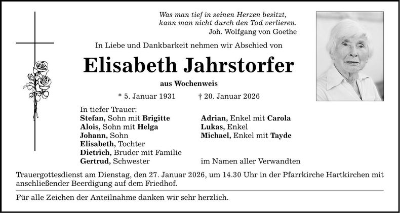 Traueranzeige Elisabeth Jahrstorfer