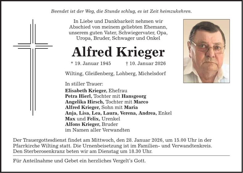 Traueranzeige Alfred Krieger