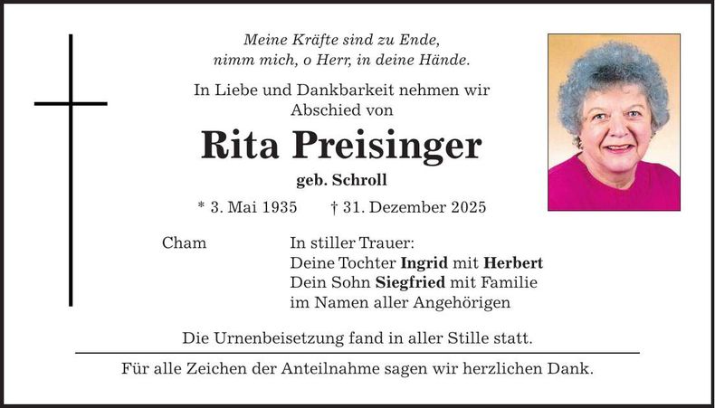 Traueranzeige Rita Preisinger