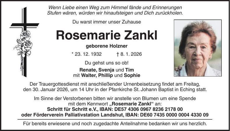 Traueranzeige Rosemarie Zankl
