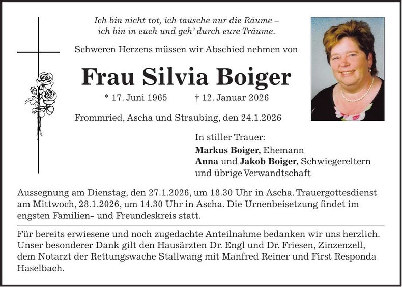 Traueranzeige Silvia Boiger