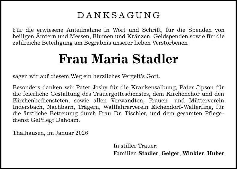 Traueranzeige Maria Stadler