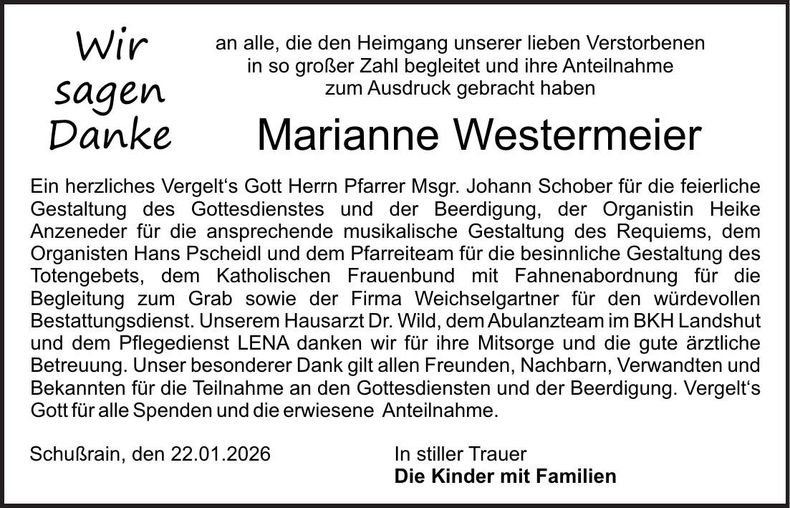 Traueranzeige Marianne Westermeier