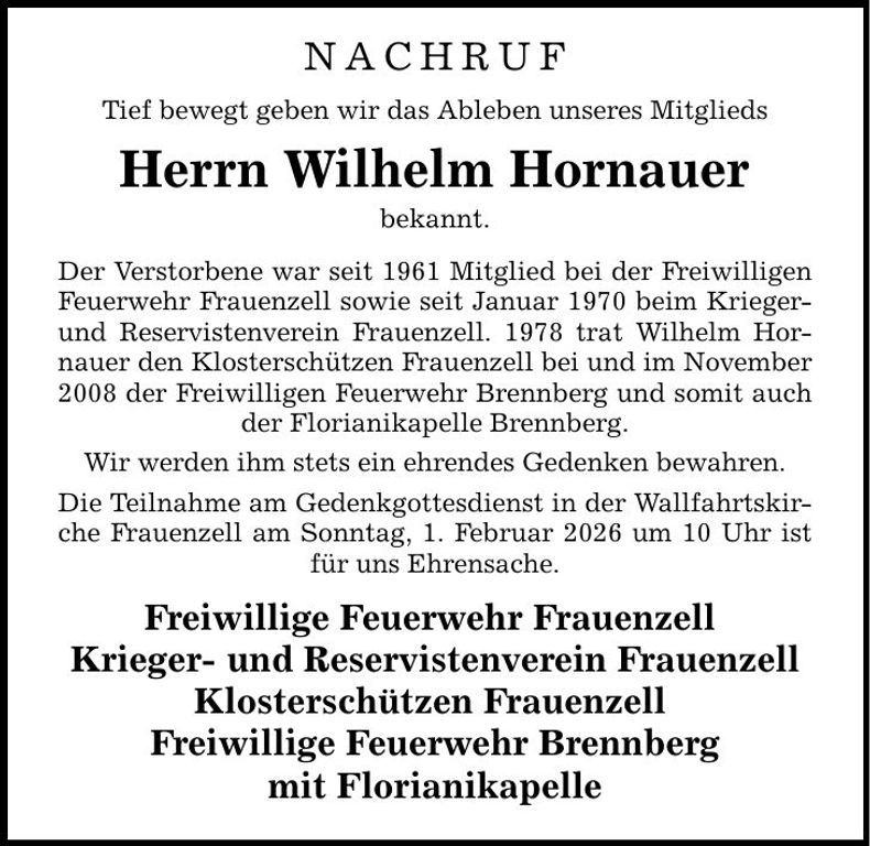Traueranzeige Wilhelm Hornauer
