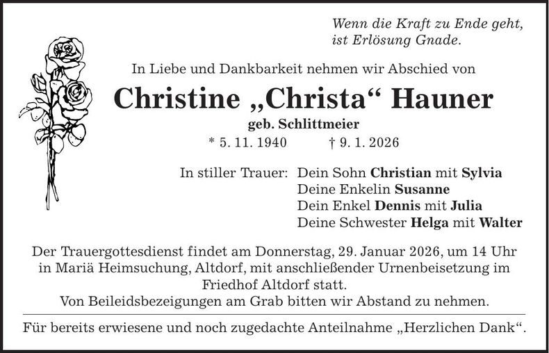 Traueranzeige Christine Hauner