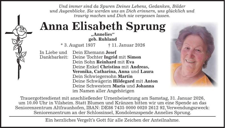Traueranzeige Anna Elisabeth Sprung