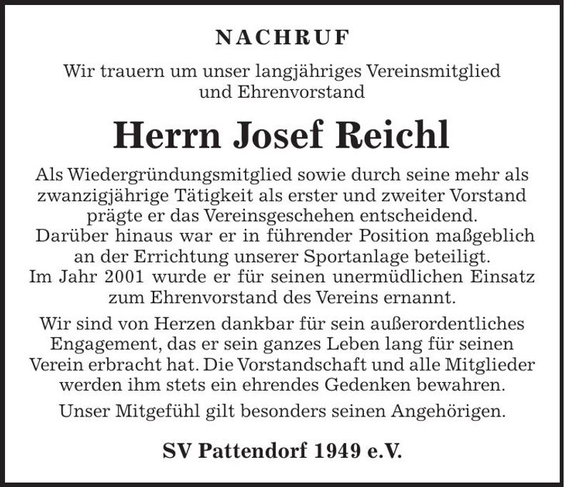 Traueranzeige Josef Reichl