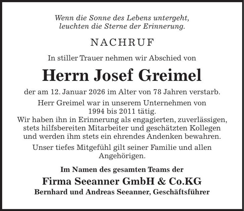 Traueranzeige Josef Greimel