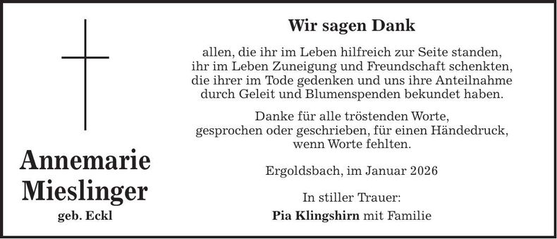 Traueranzeige Annemarie Mieslinger