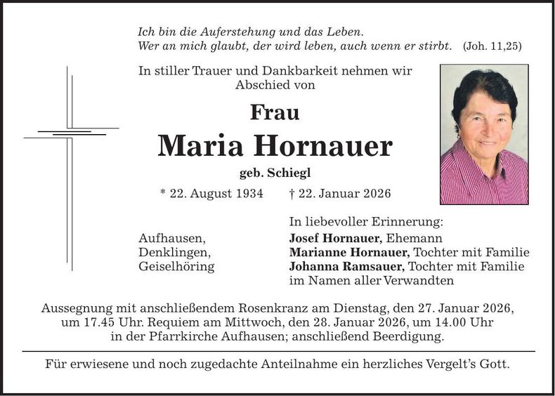 Traueranzeige Maria Hornauer