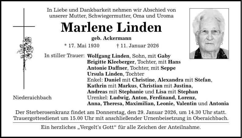 Traueranzeige Marlene Linden