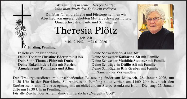 Traueranzeige Theresia Plötz
