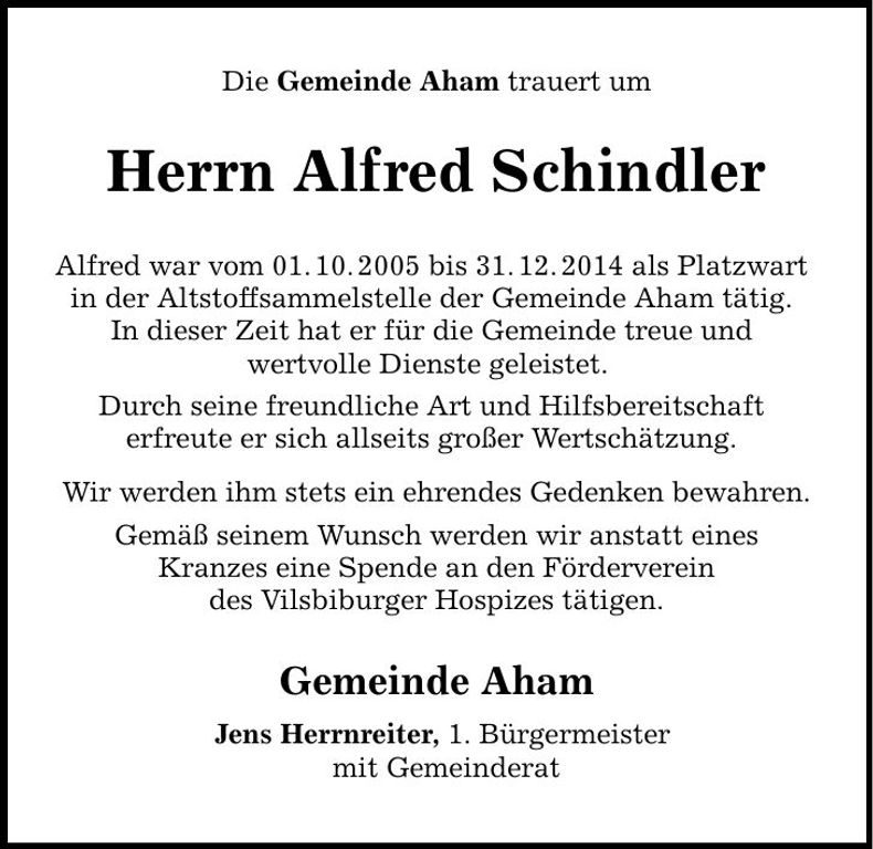Traueranzeige Alfred Schindler