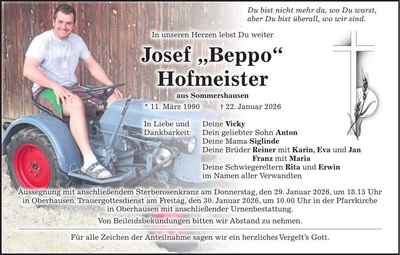 Traueranzeige Josef Hofmeister