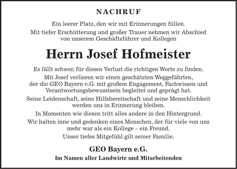 Traueranzeige Josef Hofmeister