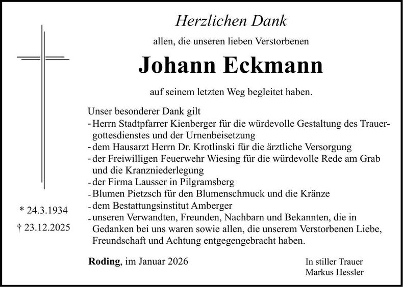 Traueranzeige Johann Eckmann