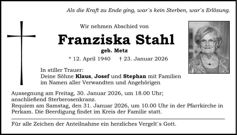 Traueranzeige Franziska Stahl