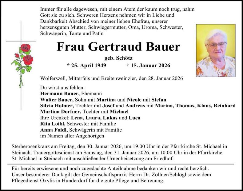 Traueranzeige Gertraud Bauer