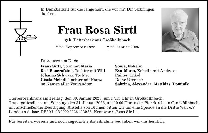 Traueranzeige Rosa Sirtl