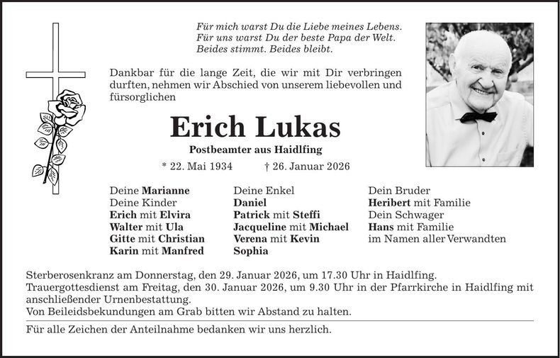 Traueranzeige Erich Lukas