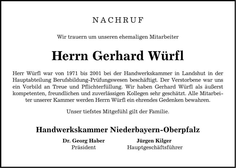 Traueranzeige Gerhard Würf